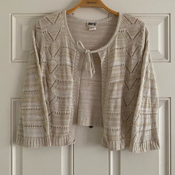 Vintage Sweaters - Vintage Y2K Ellie Cardigan Sweater Cropped Lightweight Fairy Tie Front Tan